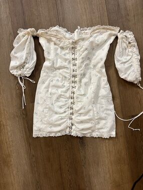 For Love & Lemons Cream Off-Shoulder Mini Dress with Pale Blue Floral Embroidery